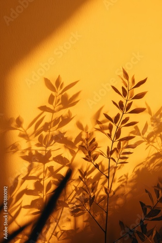 Plant shadows on a vibrant orange wall creating an artistic natural pattern.
