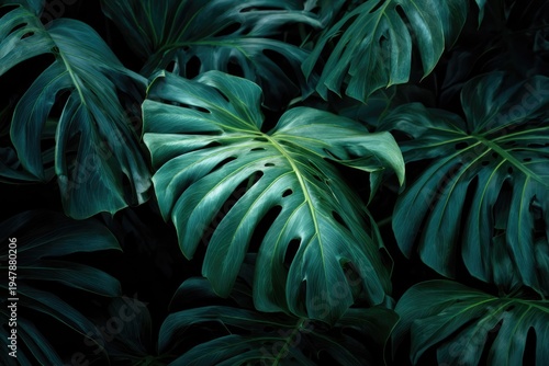 Lush Green Monstera Leaves Tropical Plant Background.