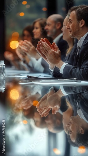 Corporate team in suits applauding at a glossy conference table with reflected hands, papers and water bottle, warm bokeh lights creating an atmosphere of approval and celebration