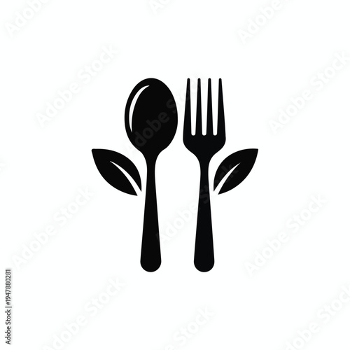 A minimalist black and white logo design features a spoon and fork with leaves