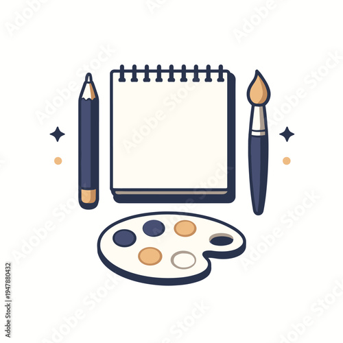 Art supplies including a sketchbook and paint palette