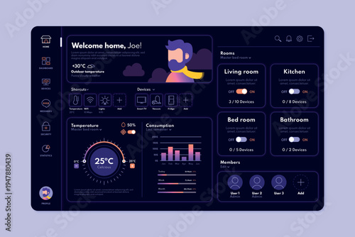 Dark Smart Home Control Dashboard UI with Room Management and Energy Consumption Analytics,
Smart home managment