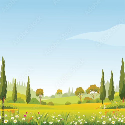 Cartoon Tuscan Landscape with Cypress Trees and Wildflowers in Bloom Sunny Day
