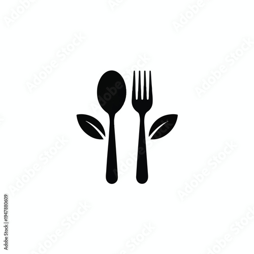A minimalist black and white design features a spoon and fork with leaves