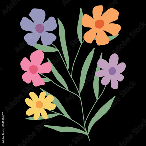 Colorful wildflowers bouquet vector illustration for spring design. Abstract floral stem with pastel blossoms for greeting card decor