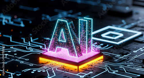 Glowing neon artificial intelligence letters sit atop a complex computer chip representing cutting edge digital technology concepts.