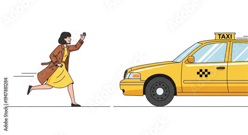 Woman Running to Yellow Taxi.