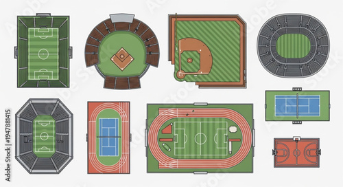 Overhead View of Various Sports Fields and Stadiums.