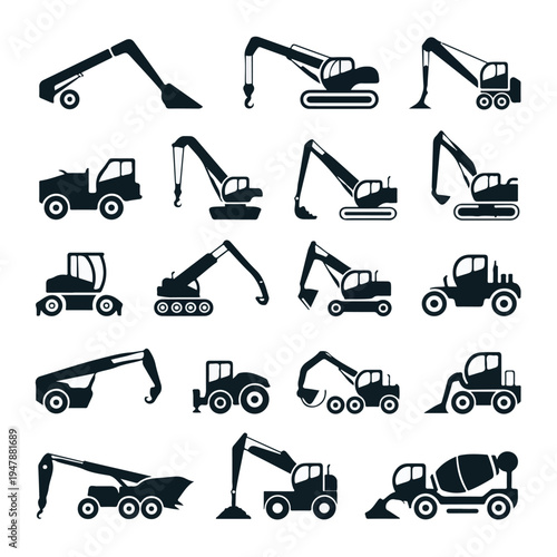 A collection of various heavy machinery vehicles on display