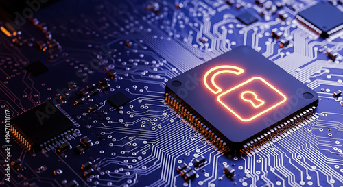 A close-up view of a glowing orange unlocked padlock icon on a microchip embedded in a futuristic blue circuit board, representing advanced cybersecurity solutions and data protection technology.