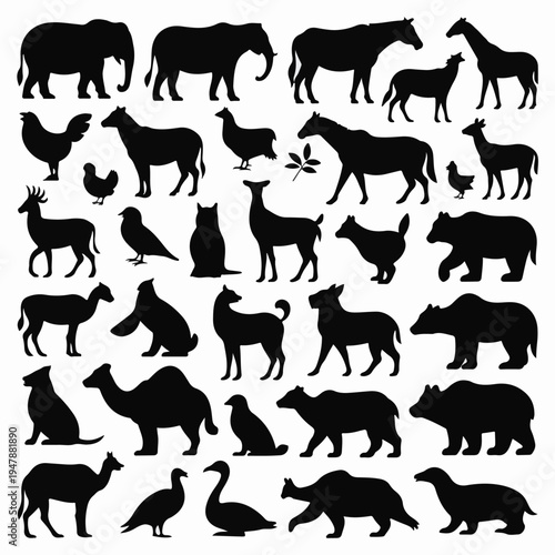 A diverse collection of various animal silhouettes including elephants, giraffes, horses, chickens, goats, and birds standing in a simple white environment.
