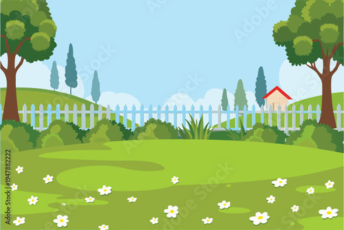 Cartoon Backyard Garden with Picket Fence and Blooming Flowers