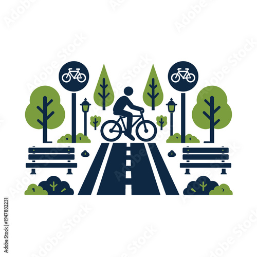 Bicycle path with trees and benches illustration