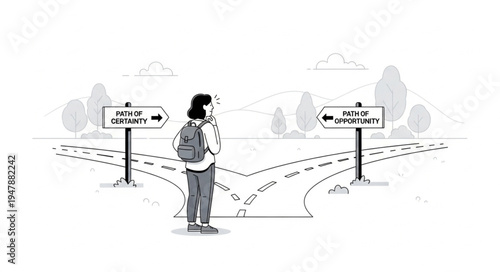 Woman standing at crossroads decision.