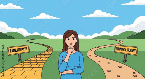 Woman Standing at Crossroads Decision.