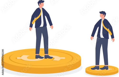Professional man standing on a small and large gold coin representing wealth accumulation