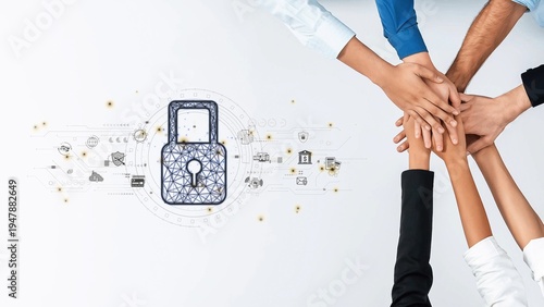 A diverse team comes together with hands stacked, representing unity and collaboration in addressing data security challenges and protecting against cyber threats. Raster