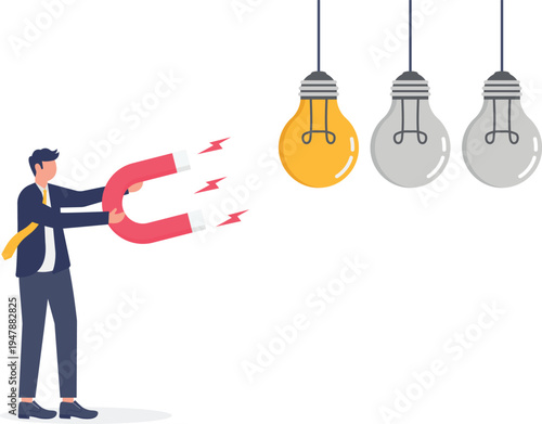 Professional man using a magnet to attract lightbulb ideas representing creative brainstorming
