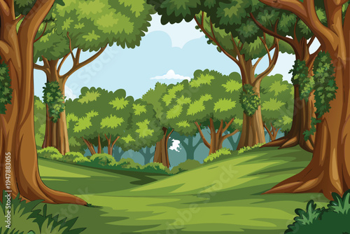 Cartoon Forest Landscape with Lush Green Trees and Rolling Hills