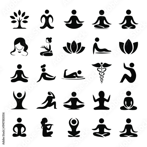 A collection of 25 minimalist yoga icons in black outlines on white background featuring various people meditating