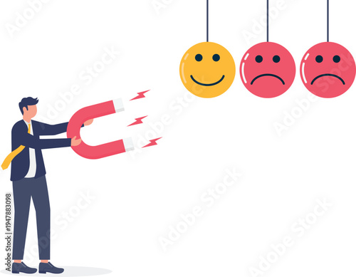 Businessman using a magnet to attract happy and sad emoticons for sentiment analysis