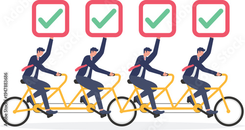 Group of four businessmen riding a tandem bicycle with green checkmarks above their heads symbolizing team success