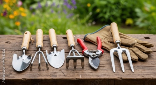 Gardening tools, including a trowel, pruner, and fork, arranged on a wooden surface with a blurred garden background.