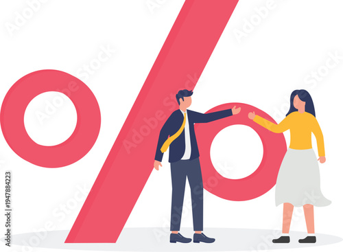 Professional man and woman collaborating to carry a massive red percentage symbol together for business growth