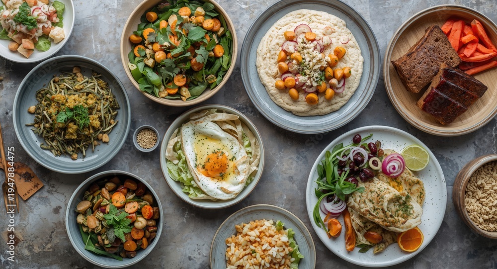 Fototapeta premium Aerial perspective of diverse plant based meals for healthy dietary choices