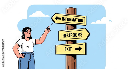 Woman pointing at sign post.