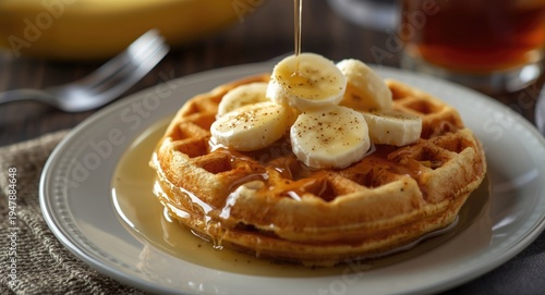 Belgian waffles topped with fresh bananas and sweet honey ready for breakfast