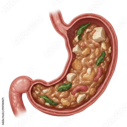 Medical illustration showing food inside a human stomach cross section