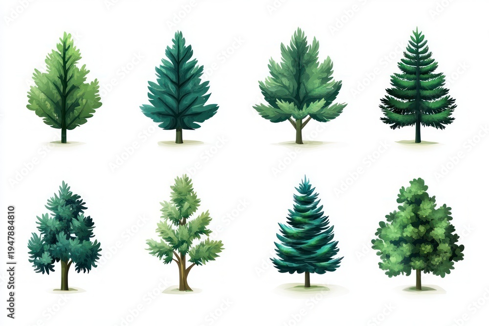 Fototapeta premium Eight stylized green tree illustrations with varied foliage shapes and soft ground shadows on white background conveying a calm serene natural mood