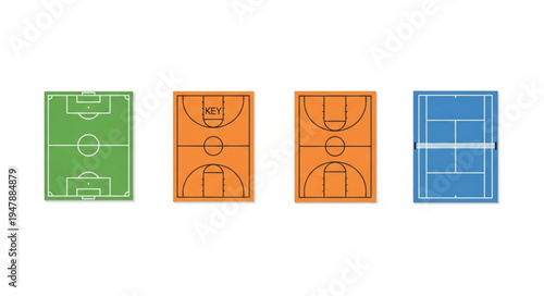 Diverse Sports Fields - Soccer, Basketball, and Tennis Court Illustrations.