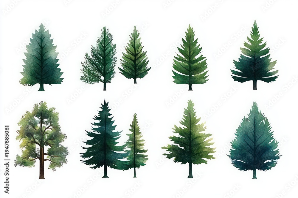 Obraz premium eleven stylized watercolor evergreen and pine tree illustrations in varying green tones on a white background conveying calm and natural mood