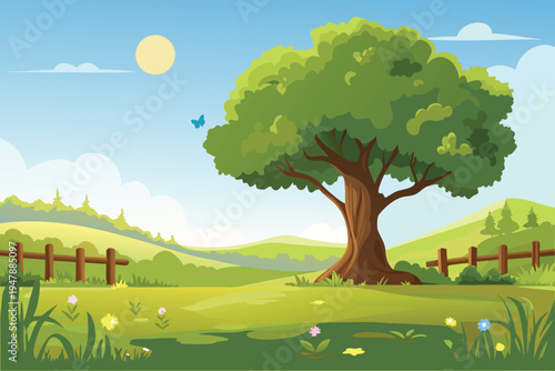 Cartoon Landscape with Large Tree Rolling Hills Picket Fence and Butterfly