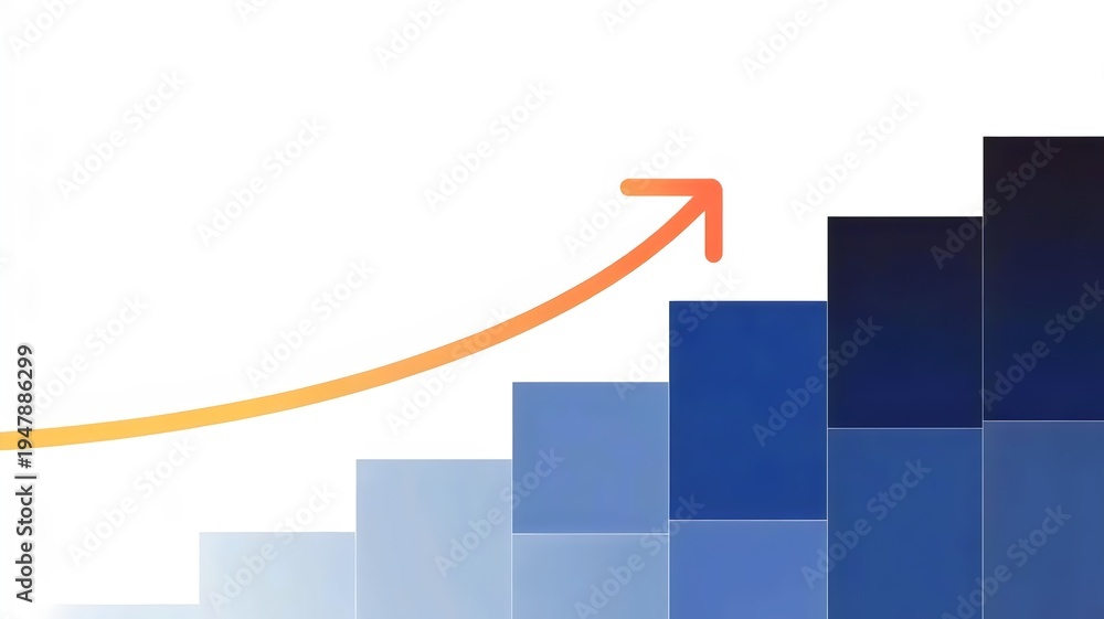 Fototapeta premium Blue staircase squares with orange arrow – Ideal for scalable growth, financial progress, or tech company branding.