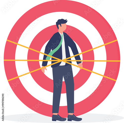Businessman standing in the center of a red bullseye target with red barrier lines crossing over him representing restrictions