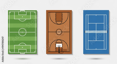 Sports Field Illustrations - Soccer, Basketball, and Tennis Courts.