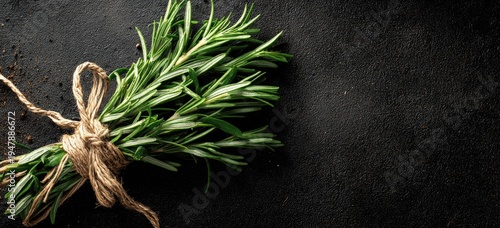 Fresh rosemary sprigs tied with twine on dark textured background
