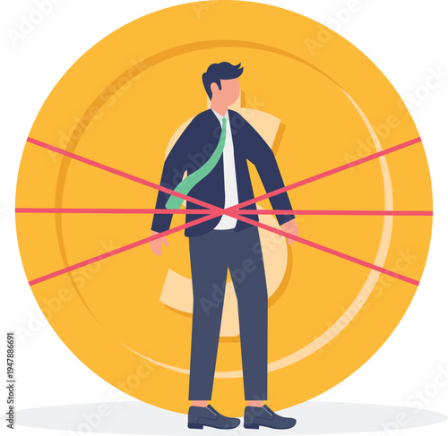 Professional man standing in the middle of a giant gold dollar coin with red lines crossing him out symbolizing loss
