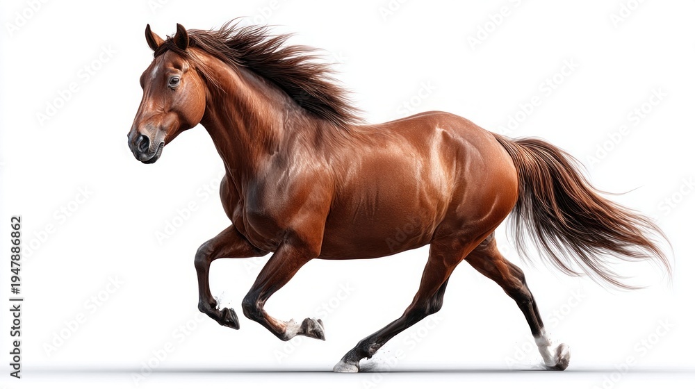 Obraz premium Majestic brown horse galloping with flowing mane and tail against a clean white background