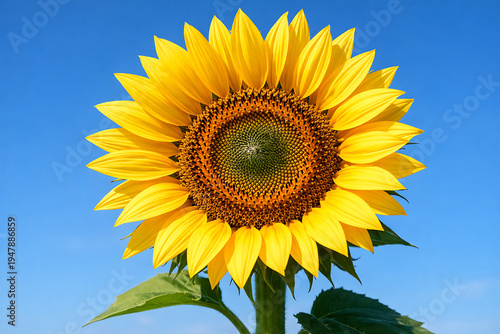 Bright yellow sunflower in full bloom against clear blue sky, vibrant summer nature close-up, fresh organic agriculture background