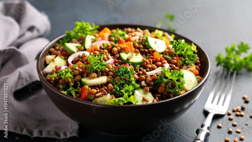 Fresh healthy lentil salad with cucumber red onion and parsley in a dark bowl on a textured background