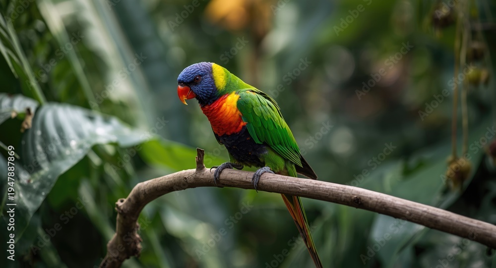 Obraz premium Colorful lorikeet perched on tropical branch with lush botanical garden background
