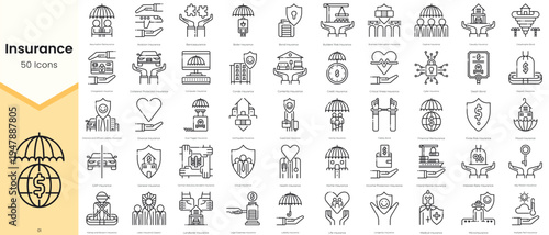 Simple Outline Set of Insurance Icons. Thin Line Collection contains such Icons as assumption reinsurance, aviation, boiler, bond insurance and more
