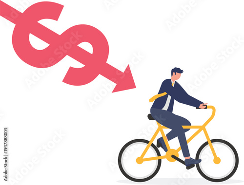 Businessman riding a bicycle while following a decreasing red arrow with a dollar sign representing financial loss
