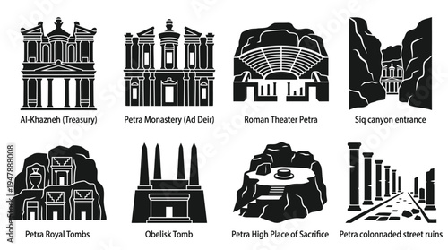 Petra Landmarks Vector Icon Set – Jordan Heritage Vectors Featuring Al-Khazneh Treasury, Ad Deir Monastery, Roman Theater, Siq Canyon, Royal Tombs, and Obelisk Tomb