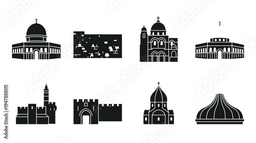 Jerusalem Landmarks Vector Icon Set – Israel Heritage Vectors Featuring Dome of the Rock, Western Wall, Church of the Holy Sepulchre, Al-Aqsa Mosque, and City Gates