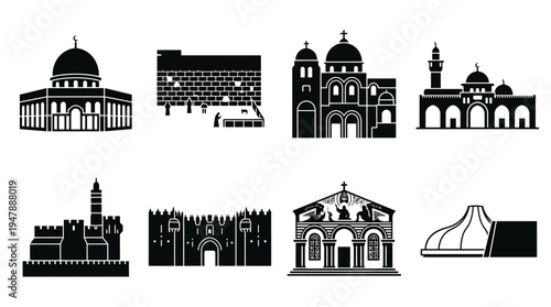 Jerusalem Landmarks Vector Icon Set – Israel Heritage Vectors Featuring Dome of the Rock, Western Wall, Church of the Holy Sepulchre, Al-Aqsa Mosque, and City Gates